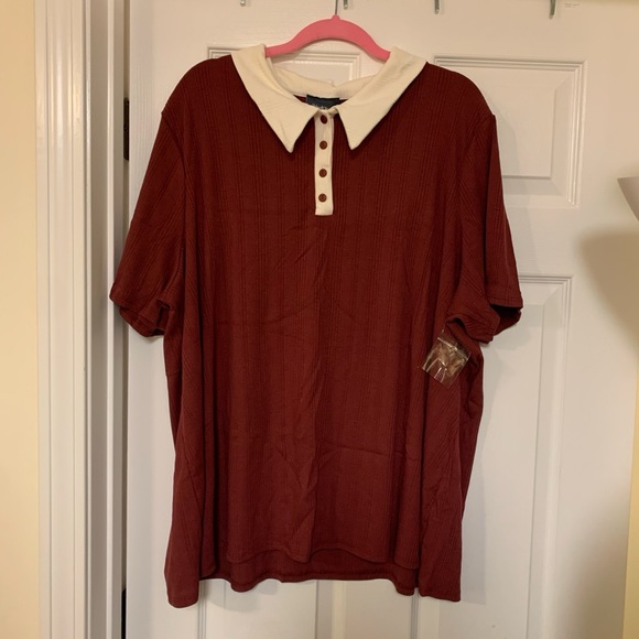 NEW ModCloth 4X One More Time Ribbed Polo Top, Short Sleeve, Burgundy Red - Picture 2 of 15